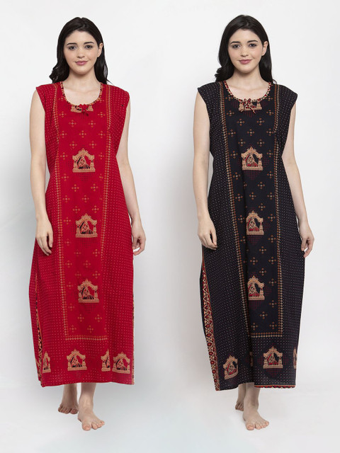 

Secret Wish Pack Of 2 Maroon & Black Printed Pure Cotton Maxi Nightdress