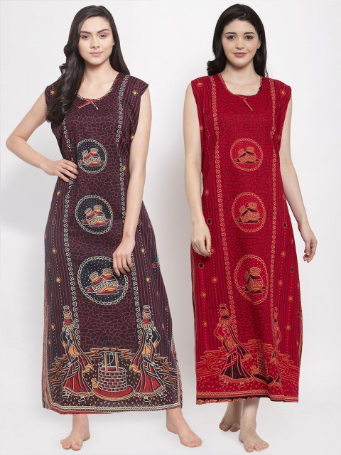 

Secret Wish Pack Of 2 Maroon & Red Printed Pure Cotton Maxi Nightdress