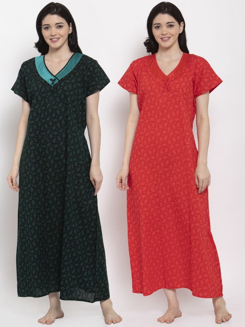 

Secret Wish Pack of 2 Olive Green & Red Pure Cotton Printed Maxi Nightdress