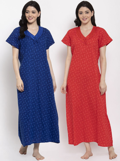 

Secret Wish Women Cotton Blue & Red Set Of 2 Printed Maxi Nightdress