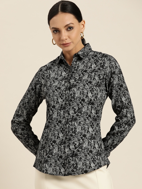 

Hancock Women Black & White Slim Fit Floral Cotton Printed Formal Shirt