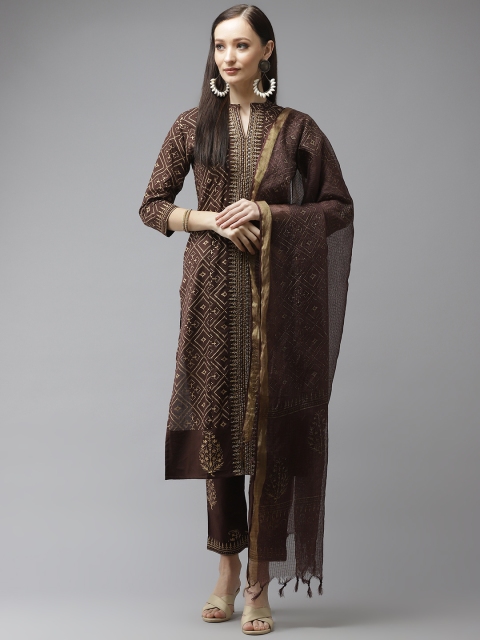 

Yufta Women Brown Printed Panelled Beads and Stones Pure Cotton Kurta with Trousers & With Dupatta