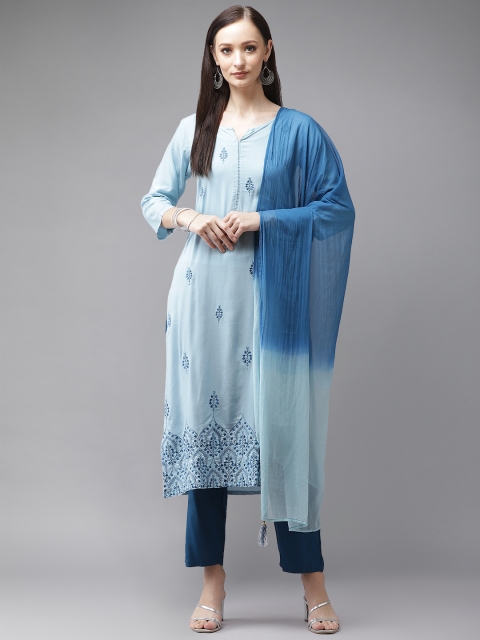 

Yufta Women Blue Embroidered Regular Thread Work Kurta with Palazzos & With Dupatta