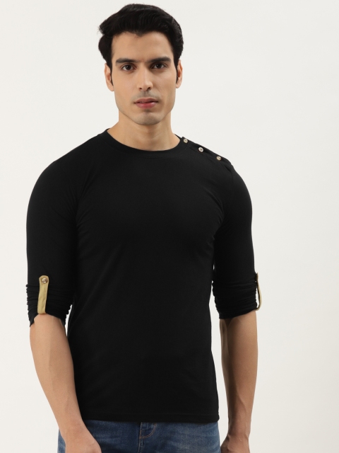 

GESPO Men Black Roll-Up Sleeves T-shirt