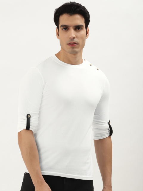 

GESPO Men White Roll-Up Sleeves T-shirt