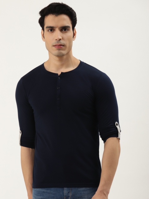 

GESPO Men Navy Blue Henley Neck Roll-Up Sleeves T-shirt