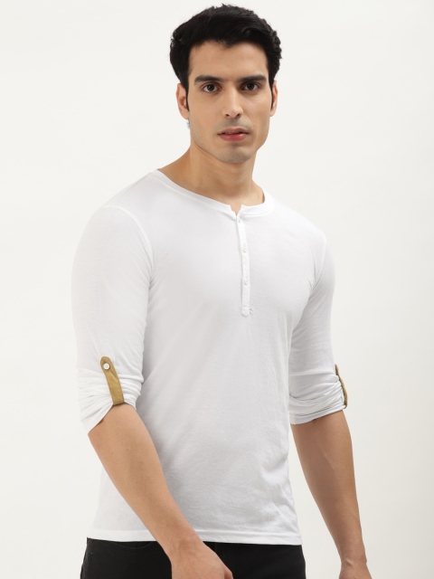 

GESPO Men White Henley Neck Roll-Up Sleeves T-shirt