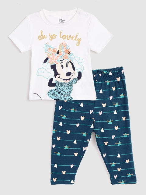 

YK Disney Girls White & Navy Blue Pure Cotton Minnie Mouse Print Pyjamas Set