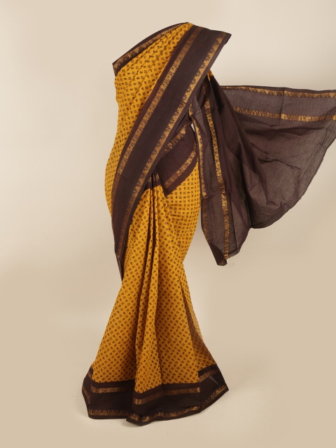 

Pothys Mustard Yellow & Brown Geometric Printed Pure Cotton Saree