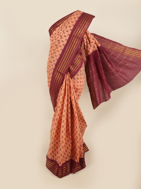 

Pothys Peach-Coloured & Maroon Pure Cotton Ethnic Motifs Printed Saree