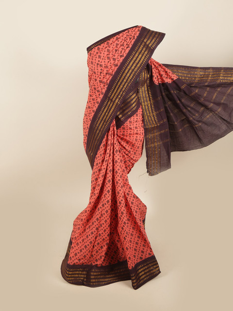 

Pothys Peach-Coloured & Brown Floral Pure Cotton Saree