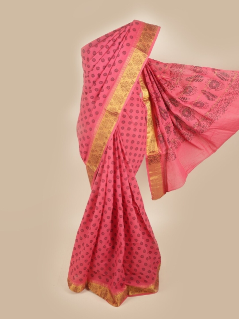 

Pothys Pink & Gold-Toned Floral printed Zari Pure Cotton Saree