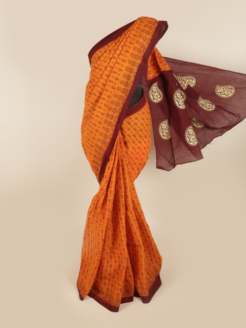 

Pothys Orange & Brown Pure Cotton Ethnic Motifs Printed Saree
