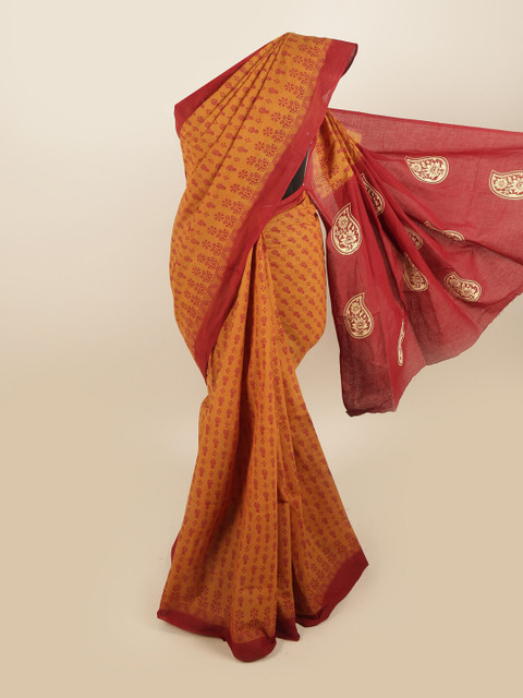 

Pothys Mustard & Red Ethnic Motifs Printed Pure Cotton Saree