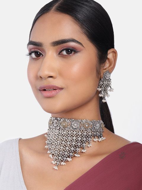 

MIDASKART Silver-Toned Cubic Zirconia-Studded Choker Necklace With Earring