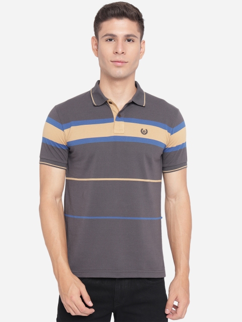 

Greenfibre Men Beige & Grey Striped Polo Collar Slim Fit T-shirt