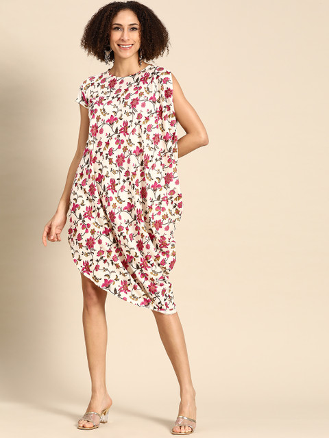

MABISH by Sonal Jain Off White & Pink Ethnic Motifs Print Asymmetric Cowl A-Line Dress