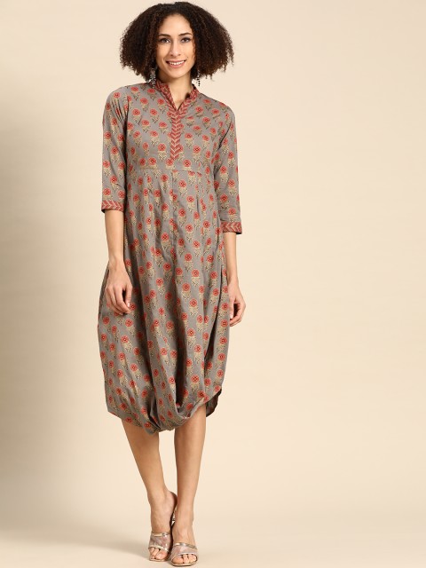 

MABISH by Sonal Jain Grey & Rust Orange Ethnic Motifs Print Cowl A-Line Midi Dress