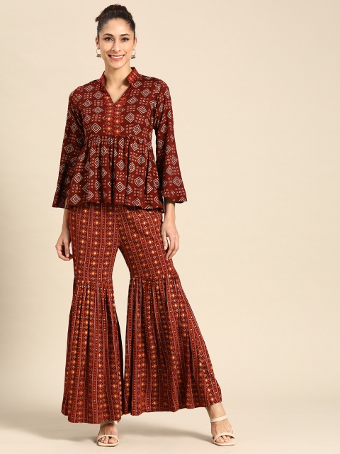 

MABISH by Sonal Jain Women Maroon Ethnic Motifs Printed A-Line Kurti with Sharara