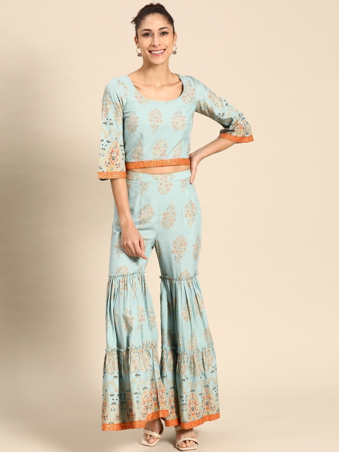 

MABISH by Sonal Jain Women Blue & Golden Ethnic Motif Print Sharara Set