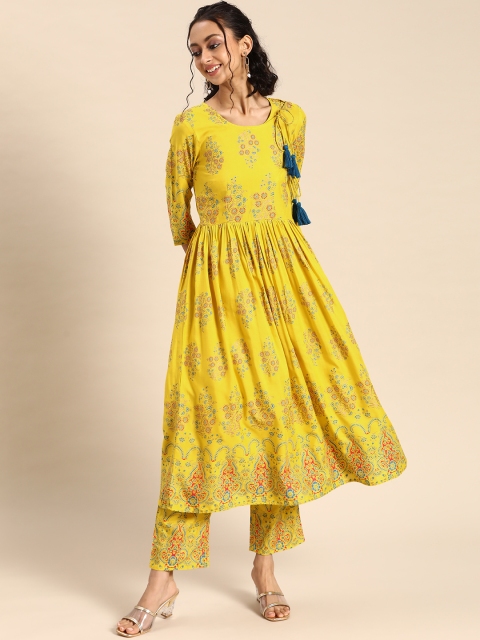 

MABISH by Sonal Jain Women Yellow Floral Printed Angrakha Kurta with Palazzos