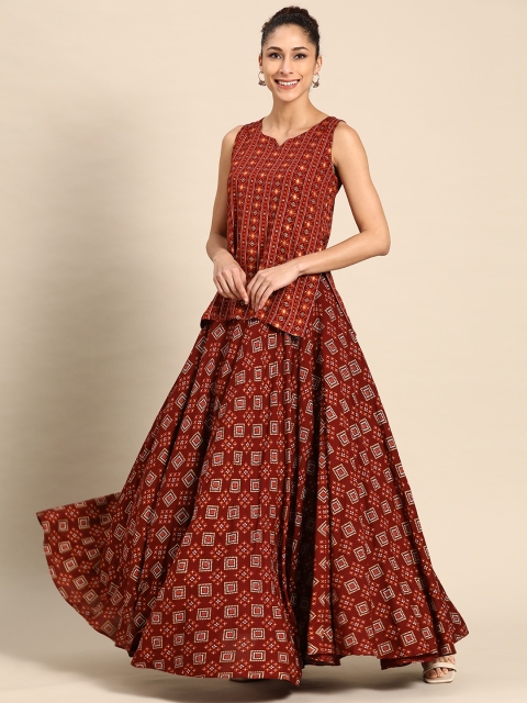 

MABISH by Sonal Jain Women Maroon Ethnic Motifs Printed Straight Kurti with Flared Skirt