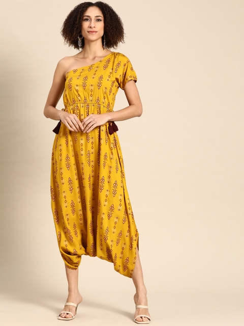 

MABISH by Sonal Jain Mustard Yellow & Golden One-Shoulder Printed Dhoti Jumpsuit