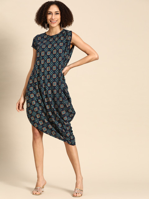 

MABISH by Sonal Jain Navy Blue & Golden Ethnic Motifs Print Asymmetric Cowl A-Line Dress