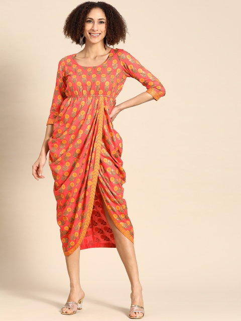 

MABISH by Sonal Jain Pink & Yellow Ethnic Motifs Print Side Cowl Empire Midi Dress