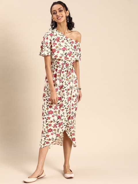 

MABISH by Sonal Jain Cream-Coloured Floral One Shoulder Layered Sheath Midi Dress
