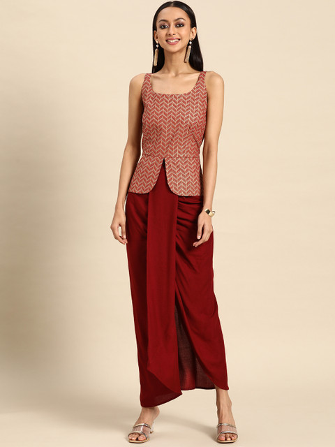 

MABISH by Sonal Jain Women Maroon Printed Peplum Top with Dhoti Pants