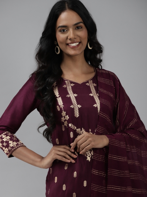 

Indo Era Women Burgundy & Golden Ethnic Woven Design Kurta with Trousers & Dupatta
