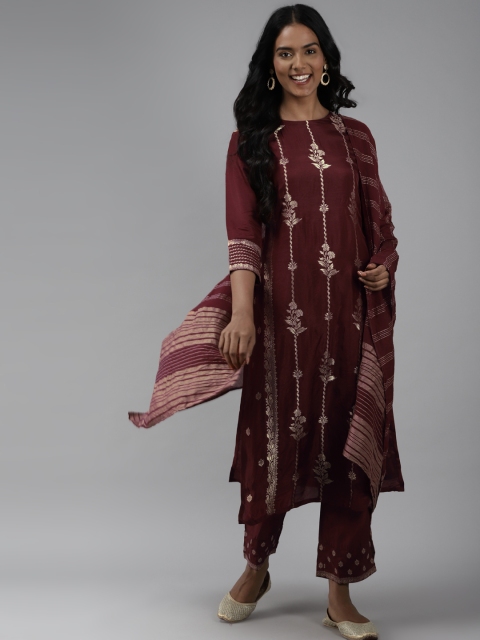 

Indo Era Women Burgundy & Golden Ethnic Woven Design Kurta with Trousers & Dupatta