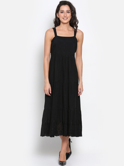 

MARC LOUIS Women Black Embroidered Tiered Fit & Flare Midi Dress