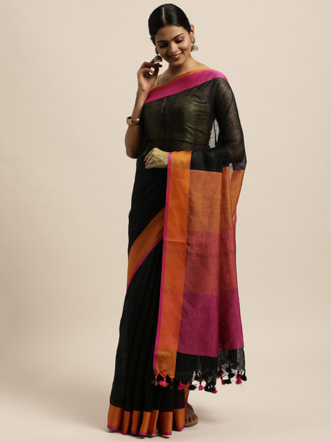 

swatika Black & Pink Pure Linen Handloom Bhagalpuri Saree