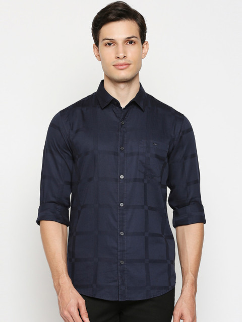 

Mufti Men Navy Blue Slim Fit Windowpane Checked Pure Cotton Casual Shirt