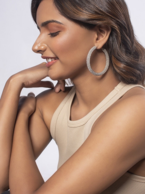 

ToniQ Silver-Toned Contemporary Hoop Earrings