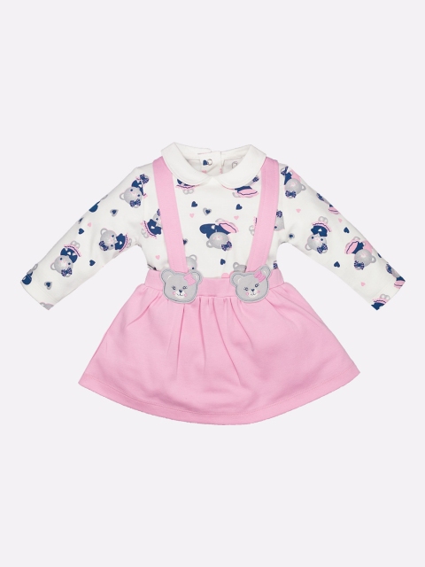 

BABY GO Pink & Navy Blue Printed Pinafore Dress, White