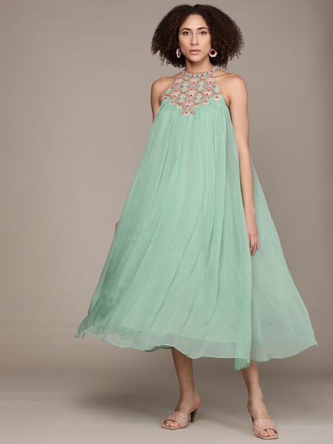 

Ritu Kumar Sea Green Floral Embroidered Chiffon A-Line Midi Dress