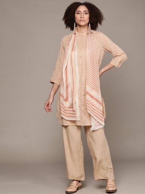 

Ritu Kumar Women Beige Regular Thread Work Pure Cotton Kurta with Palazzos & With Dupatta