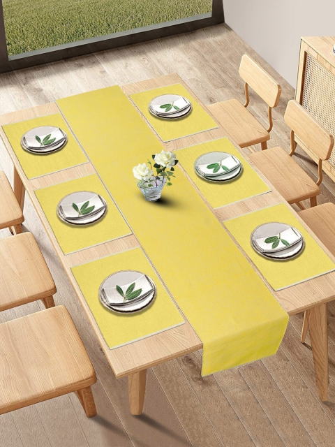 

HOKIPO Yellow Cotton Ribbed Washable 6 Seater Table Runner with Mats