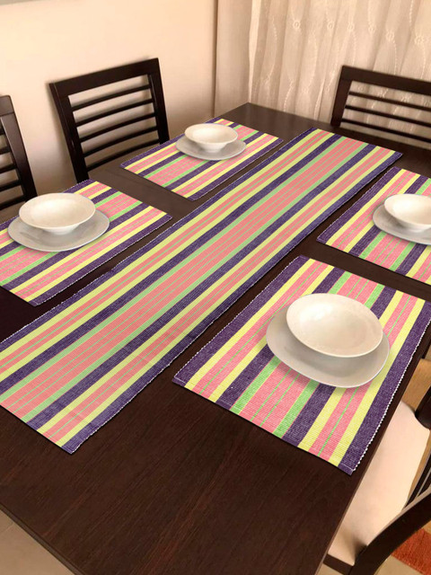 

HOKIPO Pink & Yellow Cotton Ribbed Heat Resistant Dining 4 Seater Table Runner with Mats