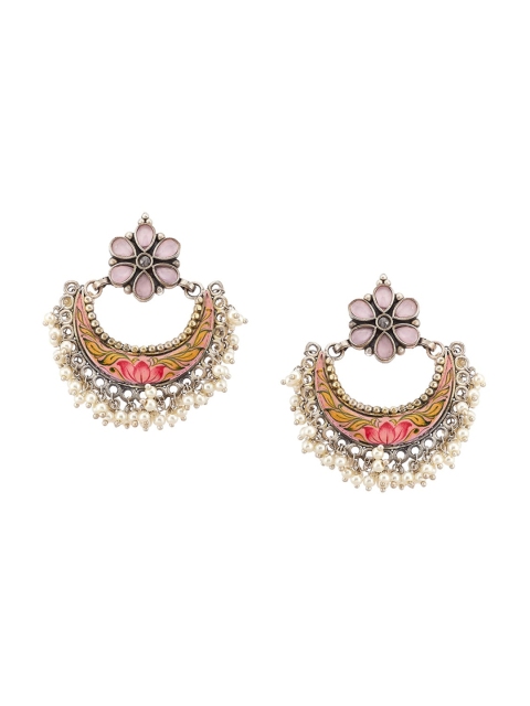 

Biba Silver-Plated & Pink Crescent Shaped Chandbalis Earrings