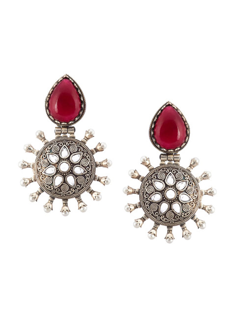 

Biba Silver-Plated & Maroon Oxidized Contemporary Drop Earrings