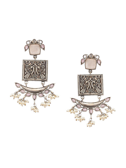

Biba Silver-Plated & Beige Geometric Oxidized Drop Earrings