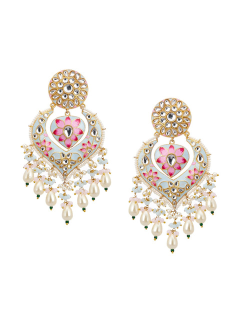 

Biba Blue & Pink Pearl & Stone Studded Contemporary Enameled Chandbali Earrings