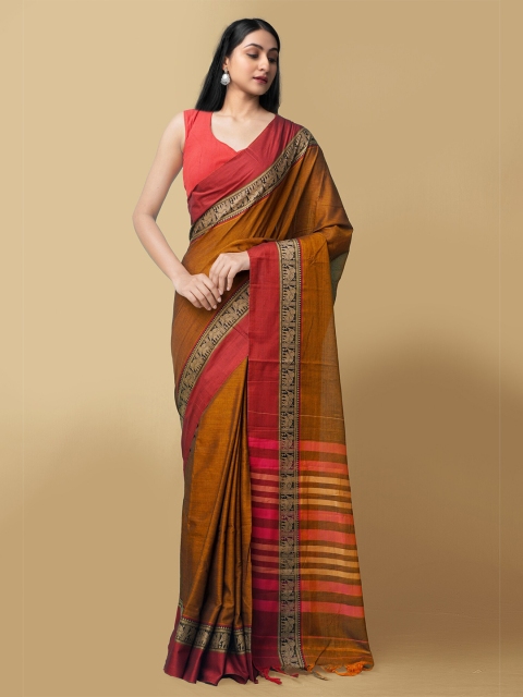 

Unnati Silks Rust & Brown Woven Design Pure Cotton Kanjeevaram Saree