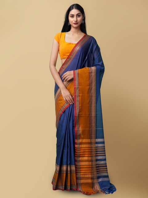 

Unnati Silks Blue & Gold-Toned Woven Design Pure Cotton Kanjeevaram Saree