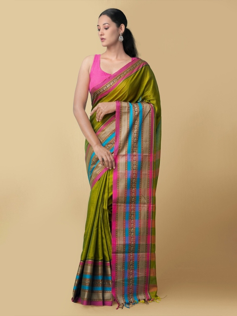 

Unnati Silks Olive Green & Pink Pure Cotton Narayan Peth Saree