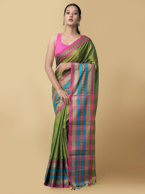 

Unnati Silks Women Green & Beige Pure Handloom Narayanpet Cotton Sustainable Saree